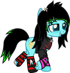 Size: 1115x1157 | Tagged: safe, artist:lightningbolt, derpibooru exclusive, imported from derpibooru, oc, oc only, oc:scene chick, earth pony, pony, undead, zombie, zombie pony, .svg available, arm warmers, bags under eyes, bloodshot eyes, bone, clothes, colored pupils, dyed mane, dyed tail, ear piercing, earring, fangs, female, glasgow smile, grin, jewelry, lidded eyes, lip piercing, mare, necklace, nose piercing, piercing, scar, show accurate, simple background, smiling, snake bites, socks, solo, stitches, striped socks, svg, tail, torn clothes, torn ear, transparent background, vector, walking