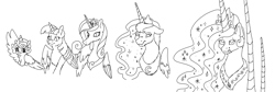 Size: 3012x1008 | Tagged: safe, artist:delfinaluther, imported from derpibooru, princess cadance, princess celestia, princess flurry heart, princess luna, twilight sparkle, oc, alicorn, earth pony, pony, doodle, horn, horns, impossibly large horn, long horn, meme, sketch, solo, twilight sparkle (alicorn)