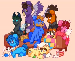 Size: 4096x3331 | Tagged: safe, artist:cocopudu, imported from derpibooru, oc, oc only, cat, changeling, dog, earth pony, griffon, pony, unicorn, couch, food, group, popcorn