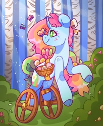 Size: 1672x2048 | Tagged: safe, artist:cocopudu, imported from derpibooru, oc, oc only, oc:sherbet, butterfly, pony, unicorn, amputee, basket, cloven hooves, forest, horn, solo, unicorn oc, wheelchair