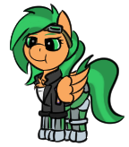 Size: 144x164 | Tagged: safe, artist:gray star, imported from derpibooru, part of a set, oc, oc:atom smasher, cyborg, cyborg pony, pegasus, pony, the sunjackers, chest fluff, clothes, cybernetic legs, cyberpunk, female, goggles, goggles on head, gray's tiny pony set, jacket, mare, simple background, transparent background