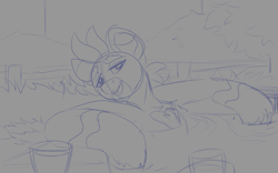 Size: 903x564 | Tagged: safe, artist:brainiac, imported from derpibooru, oc, oc:rio grande, pony, alcohol, brainiacs sketchbook (set), fire fighter, hot springs, inviting you, male, relaxing, solo, stallion, whiskey