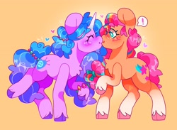 Size: 4096x2999 | Tagged: safe, artist:cocopudu, imported from derpibooru, izzy moonbow, sunny starscout, earth pony, pony, unicorn, cloven hooves, duo, female, g5, gradient background, izzyscout, kissing, lesbian, shipping, simple background, yellow background