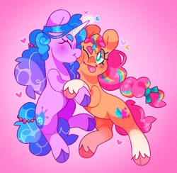 Size: 3000x2924 | Tagged: safe, artist:cocopudu, imported from derpibooru, izzy moonbow, sunny starscout, earth pony, pegasus, pony, ;p, cloven hooves, duo, female, g5, gradient background, izzyscout, lesbian, one eye closed, pink background, shipping, simple background, tongue out