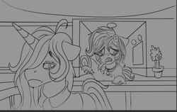 Size: 914x578 | Tagged: safe, artist:brainiac, imported from derpibooru, oc, oc:knick knack, oc:whiskey lullaby, cat, cat pony, original species, pony, unicorn, brainiacs sketchbook (set), crying, female, male, mare, scene interpretation, stallion