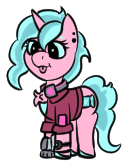 Size: 131x166 | Tagged: safe, artist:gray star, imported from derpibooru, part of a set, oc, oc:candy chip, cyborg, pony, unicorn, the sunjackers, amputee, chest fluff, clothes, cyberpunk, female, goggles, goggles on head, gray's tiny pony set, jacket, mare, prosthetic limb, prosthetics, simple background, transparent background