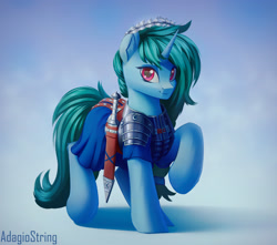 Size: 3500x3100 | Tagged: safe, artist:adagiostring, imported from derpibooru, oc, oc only, pony, unicorn, commission, female, gladius, horn, solo, sword, unicorn oc, weapon