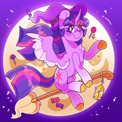 Size: 3000x3000 | Tagged: safe, artist:cocopudu, imported from derpibooru, twilight sparkle, alicorn, pony, broom, candy, cloven hooves, flying, flying broomstick, food, hat, lantern, moon, solo, spread wings, stars, twilight sparkle (alicorn), waving, wings, witch hat