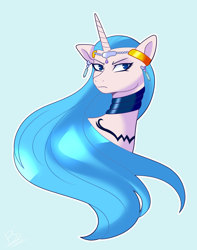 Size: 1628x2070 | Tagged: safe, artist:brooklynsentryyt, imported from derpibooru, oc, oc only, oc:aquarius, pony, unicorn, series:friendship is forever, aquarius, bust, choker, ear piercing, earring, fairy tail, frown, headpiece, jewelry, looking sideways, piercing, simple background, solo, tiara, zodiac
