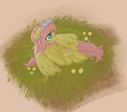 Size: 1341x1178 | Tagged: safe, artist:plushplague, imported from derpibooru, fluttershy, pegasus, pony, alternate hairstyle, bow, female, floppy ears, flower, grass, hair bow, hooves to the chest, looking away, looking up, lying down, no pupils, partial background, partially open wings, solo, turned head, wings