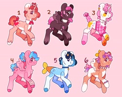 Size: 4096x3273 | Tagged: safe, artist:cocopudu, imported from derpibooru, oc, oc only, earth pony, pegasus, pony, unicorn, adoptable, cloven hooves, pink background, simple background