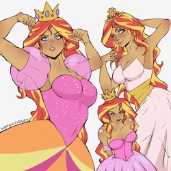 Size: 1080x1080 | Tagged: safe, artist:novantiquex, imported from derpibooru, sunset shimmer, human, equestria girls, clothes, dress, female, humanized, scene interpretation, simple background, solo, tan skin, white background