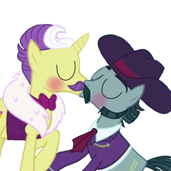 Size: 1000x1000 | Tagged: safe, imported from derpibooru, dandy grandeur, turner mccolt, earth pony, pony, unicorn, blushing, clothes, couple, duo, eyebrows, eyes closed, facial hair, gay, gay couple, hat, kiss on the lips, kissing, male, mccolt family, moustache, shipping, stallion, turner grandeur