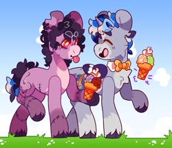 Size: 2740x2367 | Tagged: safe, artist:cocopudu, imported from derpibooru, oc, oc only, oc:dusty quills, oc:mort, earth pony, pony, unicorn, cloven hooves, duo, ice cream cone
