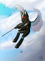 Size: 3000x4000 | Tagged: safe, artist:apuljack, imported from derpibooru, oc, oc only, pegasus, pony, semi-anthro, armor, cloud, gun, science fiction, solo, weapon