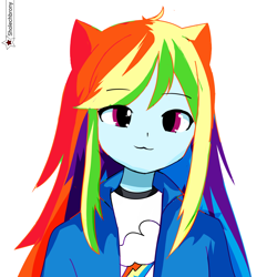 Size: 2000x2000 | Tagged: safe, artist:sholechbrony, imported from derpibooru, rainbow dash, human, equestria girls, :3, bust, eared humanization, female, humanized, portrait, signature, simple background, solo, white background