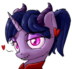 Size: 1009x968 | Tagged: safe, artist:uteuk, imported from derpibooru, oc, oc only, pony, succubus, unicorn, fangs, female, glowing, glowing eyes, heart, horns, looking at you, mare, seductive look