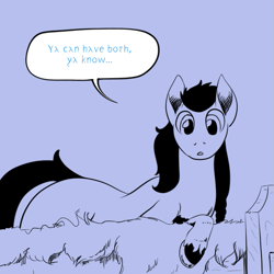 Size: 659x659 | Tagged: safe, artist:darkhestur, imported from derpibooru, oc, oc:dark, earth pony, pony, bed, furs, horseshoes, looking at you, lying down, lying on bed, monochrome, on bed, speech bubble