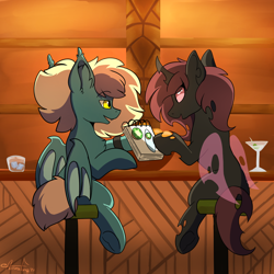 Size: 2000x2000 | Tagged: safe, artist:aurorafang, derpibooru exclusive, imported from derpibooru, oc, oc:astral glow, oc:tidal breeze, bat pony, changeling, pony, bar stool, bat pony oc, changeling oc, drink, female, male, mare, notepad, red changeling, stallion