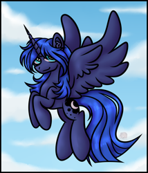 Size: 3240x3780 | Tagged: safe, artist:sadfloorlamp, imported from derpibooru, princess luna, alicorn, pony, blue sky, cloud, flying, horn, male, male alicorn, prince artemis, rule 63, simple background, sky, solo, spread wings, stallion, wings