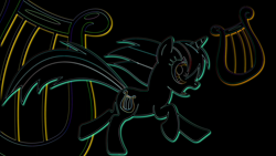 Size: 1920x1080 | Tagged: safe, artist:uxyd, imported from derpibooru, lyra heartstrings, pony, unicorn, black background, cutie mark, female, mare, neon, open mouth, running, simple background, solo, wallpaper