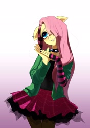 Size: 1445x2048 | Tagged: safe, artist:aztrial, imported from derpibooru, fluttershy, anthro, pegasus, choker, clothes, draw this in your style, dtiys emoflat, ear piercing, earring, evening gloves, female, fingerless elbow gloves, fingerless gloves, gloves, gradient background, grin, hair over one eye, hands together, jacket, jewelry, long gloves, mare, nail polish, piercing, plaid skirt, skirt, smiling, solo, spiked choker, striped gloves