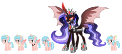 Size: 3146x1391 | Tagged: safe, artist:aleximusprime, imported from derpibooru, cozy glow, oc, oc:the sorceress, alicorn, pony, fanfic:oh mother where art thou, flurry heart's story, a better ending for cozy, alicorn amulet, alicornified, anklet, bat wings, bow, cozybetes, cozycorn, crown, crying, cute, floppy ears, freckles, hair bow, half note (cozy glow), happy ending, jewelry, one of these things is not like the others, race swap, red sclera, reformed villain, regalia, sad, slit pupils, wavy hair, wet, wet mane, wings