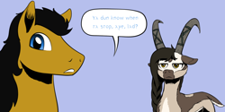 Size: 1280x640 | Tagged: safe, artist:darkhestur, imported from derpibooru, oc, oc:dark, oc:thyra, earth pony, goat, goat pony, pony, looking at you, simple background, speech bubble