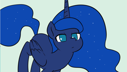 Size: 1991x1125 | Tagged: safe, artist:doublewbrothers, imported from derpibooru, princess luna, alicorn, pony, blue background, cyan background, looking at you, simple background