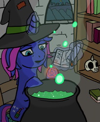 Size: 955x1166 | Tagged: safe, artist:zan logemlor, imported from derpibooru, oc, oc only, oc:fine wine, pony, unicorn, book, bookshelf, cauldron, chair, female, glowing, glowing horn, hat, horn, magic, magic aura, mare, pentagram, potion, potion making, shelf, sitting, skull, solo, telekinesis, test tube, unicorn oc, window, witch hat