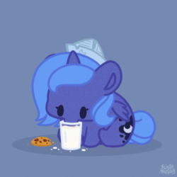 Size: 560x559 | Tagged: safe, artist:sugar morning, imported from derpibooru, princess luna, alicorn, pony, animated, cartographer's cap, cookie, cute, female, filly, foal, food, gif, hat, lapping, loop, lunabetes, milk, mlem, paper hat, silly, simple background, sitting, solo, sugar morning is trying to murder us, tongue out, weapons-grade cute, woona, younger