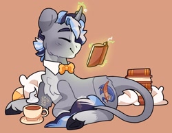 Size: 2578x2000 | Tagged: safe, artist:cocopudu, imported from derpibooru, oc, oc only, oc:dusty quills, pony, unicorn, book, food, magic, pillow, tea