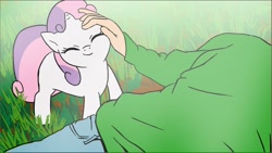 Size: 1278x721 | Tagged: safe, artist:doublewbrothers, imported from derpibooru, sweetie belle, human, pony, unicorn, begging, behaving like a lamb, clothes, cute, diasweetes, eyes closed, female, filly, foal, grass, horn, looking at you, lying down, lying on the ground, male, mare, missing cutie mark, petting, smiling, sweetie belle is not amused, tail, unamused