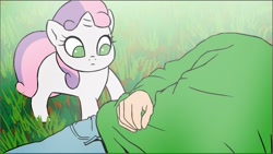 Size: 1279x723 | Tagged: safe, artist:doublewbrothers, imported from derpibooru, sweetie belle, human, pony, unicorn, begging, behaving like a lamb, clothes, cute, diasweetes, eyes closed, female, filly, foal, grass, horn, looking at you, lying down, lying on the ground, male, mare, missing cutie mark, petting, smiling, sweetie belle is not amused, tail, unamused