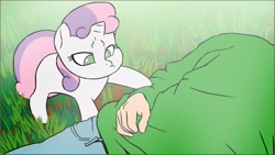 Size: 1279x721 | Tagged: safe, artist:doublewbrothers, imported from derpibooru, sweetie belle, human, pony, unicorn, begging, behaving like a lamb, clothes, cute, diasweetes, eyes closed, female, filly, foal, grass, horn, looking at you, lying down, lying on the ground, male, mare, missing cutie mark, petting, smiling, sweetie belle is not amused, tail, unamused