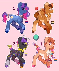 Size: 3365x4031 | Tagged: safe, artist:cocopudu, imported from derpibooru, oc, oc only, earth pony, pegasus, pony, unicorn, adoptable, balloon, cloven hooves, pink background, simple background