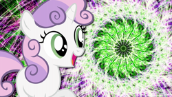 Size: 1920x1080 | Tagged: safe, artist:uxyd, edit, imported from derpibooru, sweetie belle, pony, unicorn, abstract background, female, filly, foal, happy, open mouth, open smile, smiling, solo, wallpaper, wallpaper edit