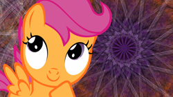 Size: 1920x1080 | Tagged: safe, artist:uxyd, edit, imported from derpibooru, scootaloo, pegasus, pony, abstract background, female, filly, foal, smiling, solo, spread wings, thinking, wallpaper, wallpaper edit, wings