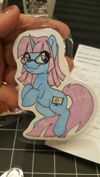 Size: 1152x2048 | Tagged: safe, artist:inkkeystudios, imported from derpibooru, oc, oc only, pony, unicorn, badge, eye clipping through hair, glasses, looking at you, photo, solo, traditional art