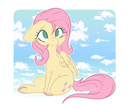 Size: 1400x1200 | Tagged: safe, artist:red_moonwolf, imported from derpibooru, fluttershy, pegasus, pony, blushing, cloud, colored eyebrows, cute, drawn from memory, ears back, female, floppy ears, frog (hoof), looking up, mare, no pupils, shyabetes, simple background, sitting, sky, solo, spread wings, transparent background, underhoof, watermark, wings