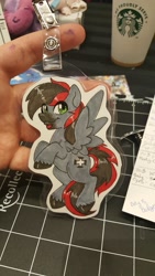 Size: 1152x2048 | Tagged: safe, artist:inkkeystudios, imported from derpibooru, oc, oc only, pegasus, pony, badge, facial hair, goatee, looking at you, photo, smiling, spread wings, traditional art, unshorn fetlocks, wings