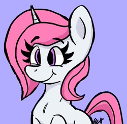 Size: 988x960 | Tagged: safe, artist:biscotti5000, imported from derpibooru, oc, oc only, pony, unicorn, blue background, bust, female, horn, simple background, solo, unicorn oc