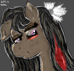 Size: 625x600 | Tagged: safe, artist:ray-pemmburge, imported from derpibooru, oc, oc only, oc:daydream, earth pony, pony, bust, feather, female, gray background, lidded eyes, mare, portrait, simple background, smiling, solo