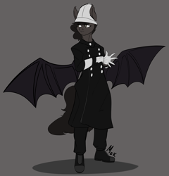 Size: 3366x3508 | Tagged: safe, artist:mekblue, imported from derpibooru, oc, anthro, bat pony, anthro oc, bat pony oc, bat wings, boots, clothes, coat, commission, gloves, old timey, police officer, serious, serious face, shoes, spread wings, wings