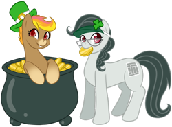 Size: 900x665 | Tagged: safe, artist:bumblebun, imported from derpibooru, oc, oc only, earth pony, pony, clover, four leaf clover, glasses, gold, gold coins, happy, hat, holiday, looking at you, mouth hold, pot of gold, saint patrick's day, smiling