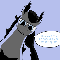 Size: 659x659 | Tagged: safe, artist:darkhestur, imported from derpibooru, pony, braid, looking at you, monochrome, solo, speech bubble, staring down