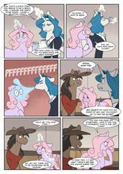 Size: 1280x1810 | Tagged: safe, artist:lolepopenon, imported from derpibooru, oc, oc only, oc:idiom wright, oc:oliver, oc:sweet tales, earth pony, pony, unicorn, ask billie the kid, comic, drinking, female, glasses, hat, magic, male, mare, stallion, telekinesis, wet, wet mane