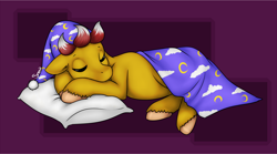 Size: 1200x665 | Tagged: safe, artist:bumblebun, imported from derpibooru, oc, oc only, pony, blanket, eyes closed, floppy ears, pillow, solo, unshorn fetlocks