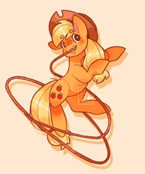 Size: 1707x2048 | Tagged: safe, artist:cocopudu, imported from derpibooru, applejack, earth pony, pony, cowboy hat, female, hat, lasso, looking at you, mare, mouth hold, orange background, rope, simple background