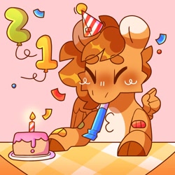Size: 2500x2500 | Tagged: safe, artist:cocopudu, imported from derpibooru, oc, oc only, oc:scooter (cocopudu), pony, cake, cloven hooves, confetti, food, happy birthday, hat, party hat, party horn